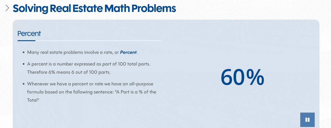 Animated course screen explaining how to solve a real estate math percent problem
