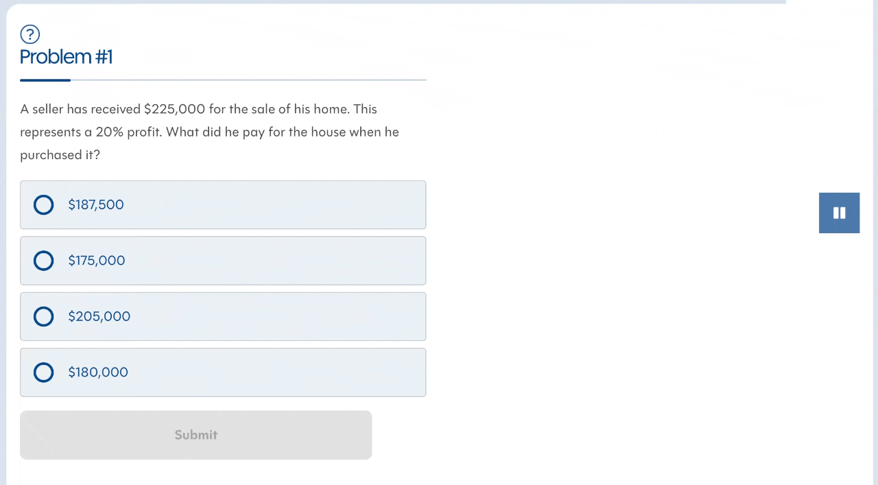 Interactive real estate math practice problem with multiple choice answers