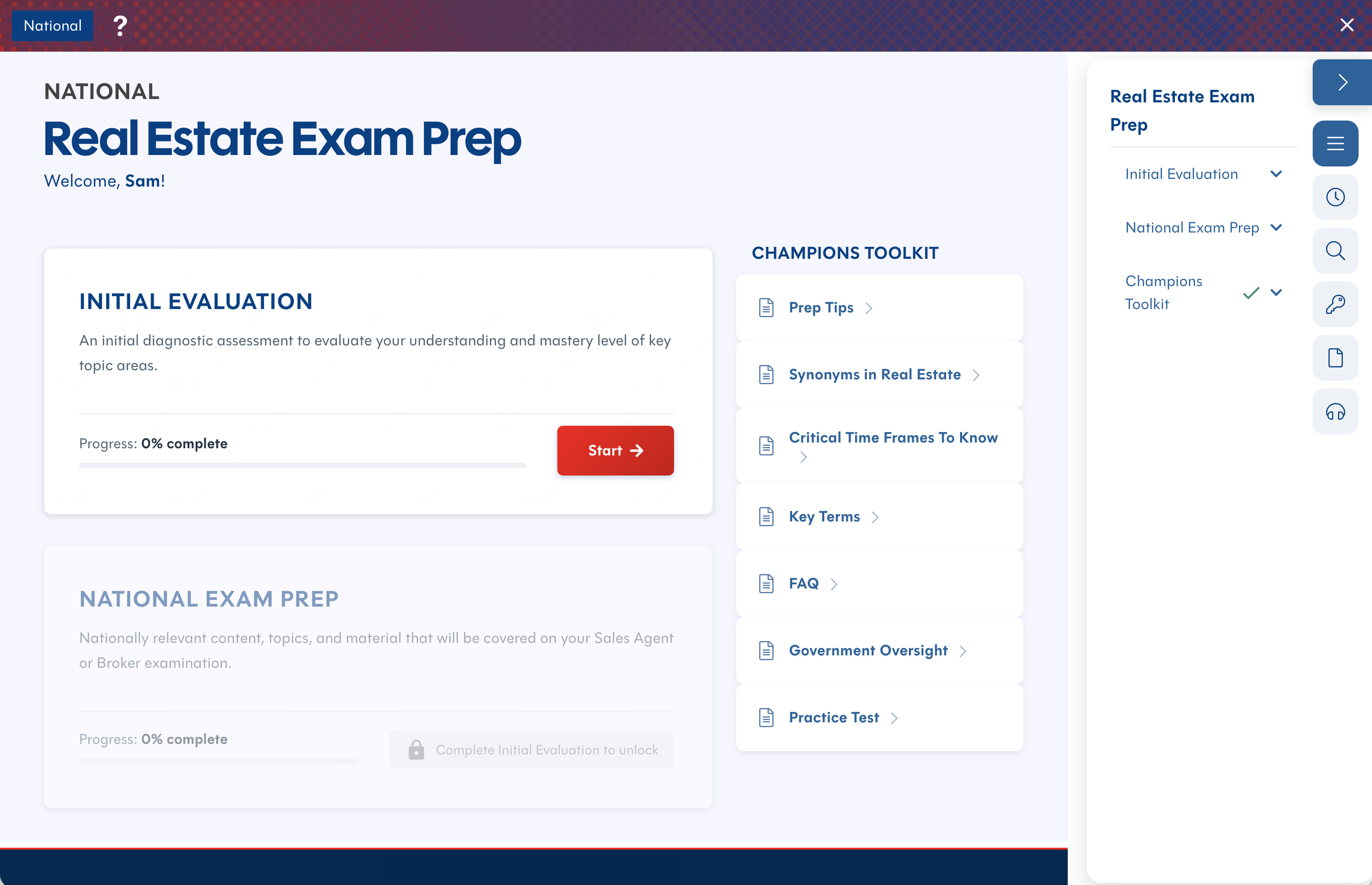 National Exam Prep course screen showing an initial evaluation assessment and toolkit navigation